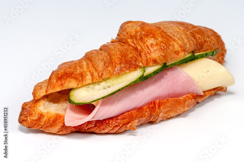 Croissant with ham and cheese, European breakfast. Croissant sandwich set, on white background