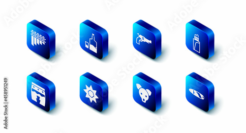 Set Tequila bottle and glass, Revolver gun, Burrito, Cigar, Dog, Sun, Huehuetl and Pan flute icon. Vector