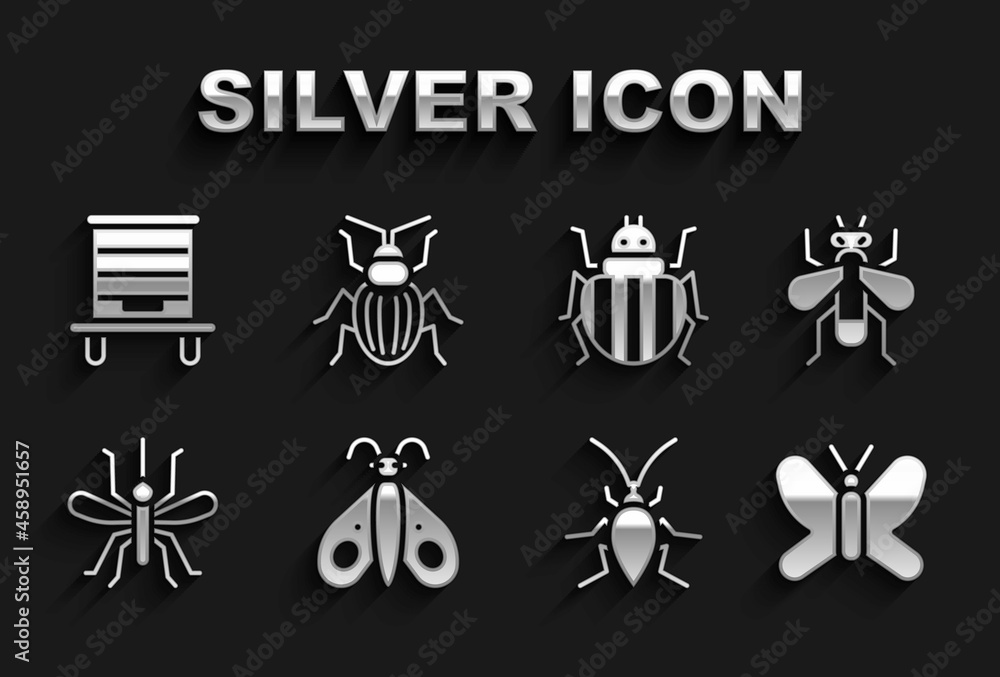 Set Butterfly, Insect, Cockroach, Mosquito, Colorado beetle, Hive for bees and Chafer icon. Vector