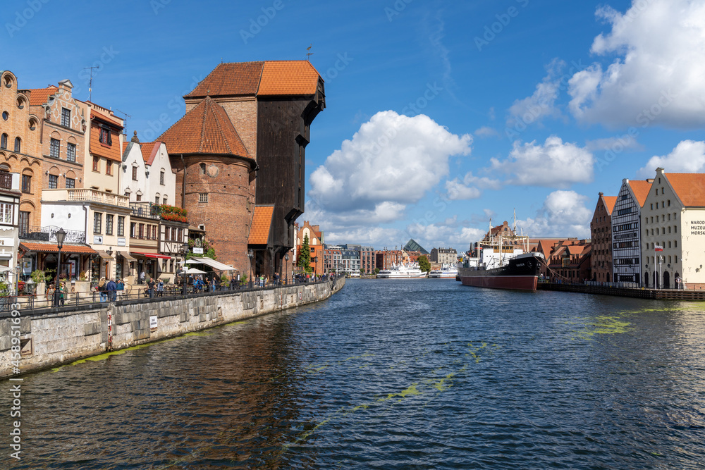 view of the Motlawa River waterfront in the historic Old Town of Gdansk