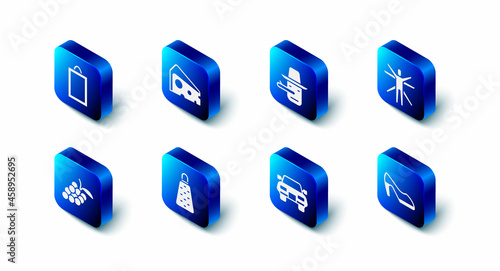 Set Cheese, Pinocchio, Vitruvian Man, Woman shoe, Car, Grater, Grape fruit and Picture icon. Vector