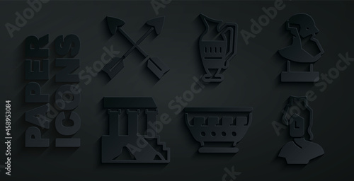 Set Greek ancient bowl, Ancient bust sculpture, Parthenon, amphorae and Crossed arrows icon. Vector