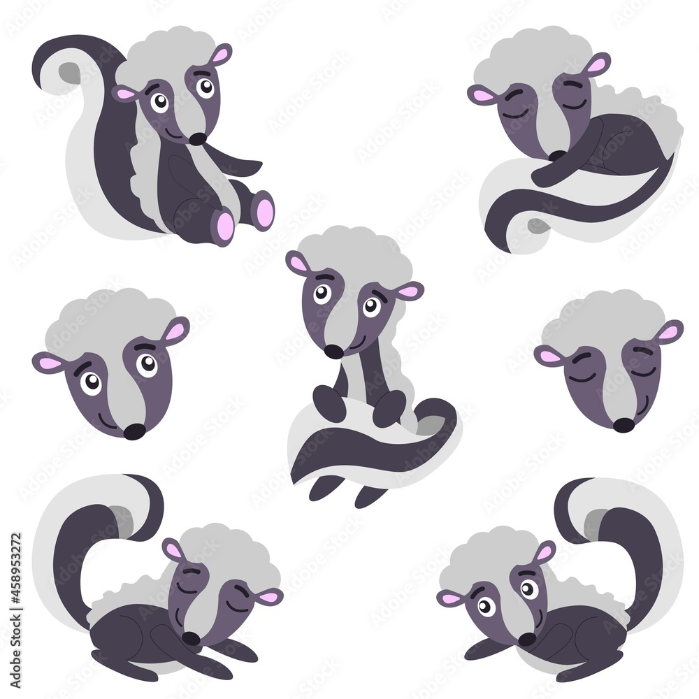 Collection with skunks isolated. Animal character. Grey and pastel blue. Cartoon style. Cute and funny. Graphic children design. Vector illustration. Nature and ecology. Post card, print, textile Collection with skunks isolated. Animal character. Grey and pastel blue. Cartoon style. Cute and funny. Graphic children design. Vector illustration. Nature and ecology. Post card, print, textile