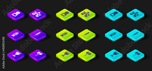 Set Medieval goblet, axe, iron helmet, sword, Castle, fortress and Poison in bottle icon. Vector