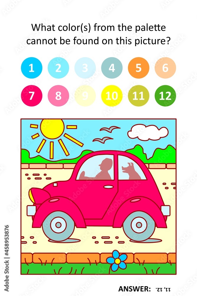 Naklejka premium Visual puzzle with picture palette. Retro classic red car, driver and his best friend pet dog.