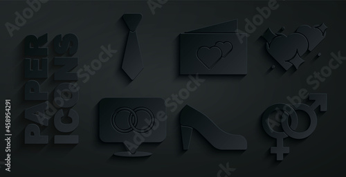 Set Woman shoe, Two Linked Hearts, Wedding rings, Gender, Greeting card and Tie icon. Vector