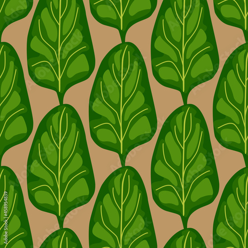 Seamless pattern Spinach salad on brown background. Modern ornament with lettuce.