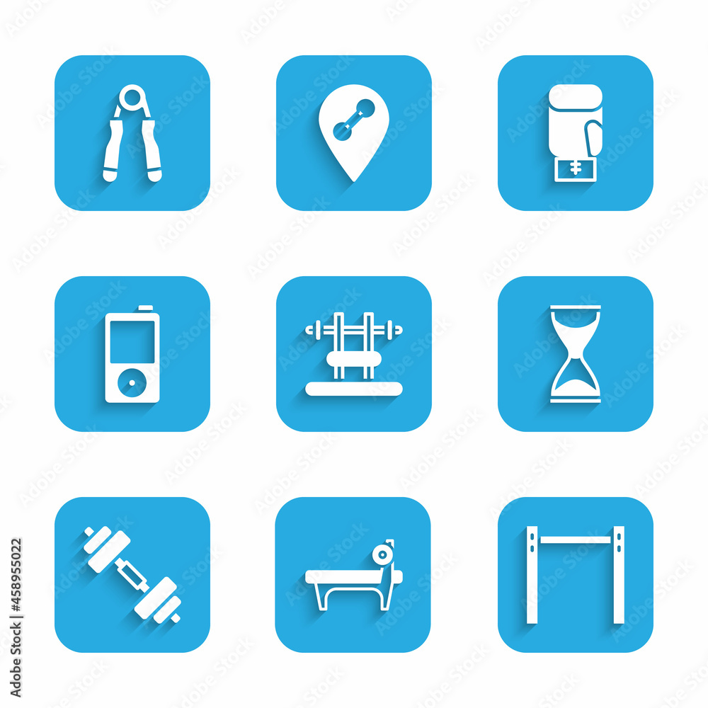 Set Bench with barbel, Horizontal, Old hourglass, Dumbbell, Music player, Boxing glove and Sport expander icon. Vector Set Bench with barbel, Horizontal, Old hourglass, Dumbbell, Music player, Boxing glove and Sport expander icon. Vector