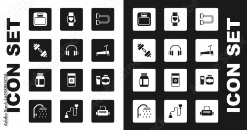 Set Chest expander, Headphones, Dumbbell, Bathroom scales, Treadmill machine, Smart watch, Sports nutrition and icon. Vector