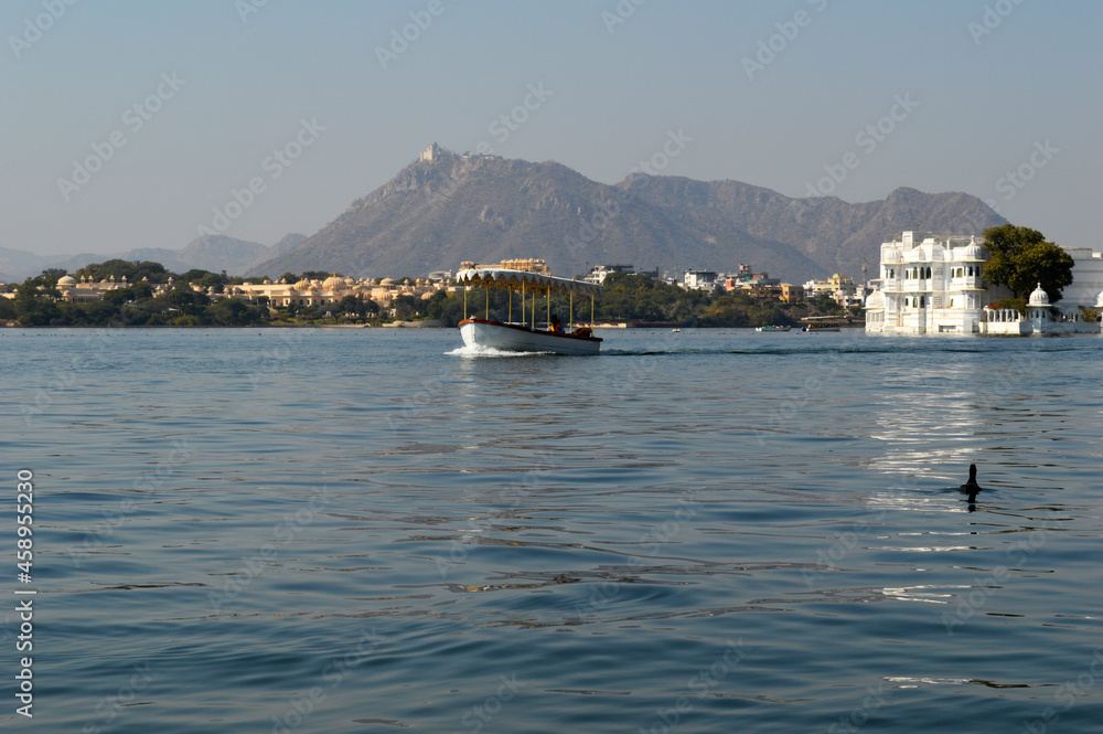 India luxury tourism concept background Udaipur City at Lake Pichola, Udaipur, Rajasthan, India