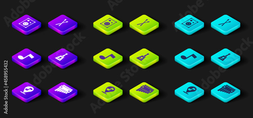 Set Location musical note, Pan flute, Music tone, Balalaika, Drum sticks and Stereo speaker icon. Vector