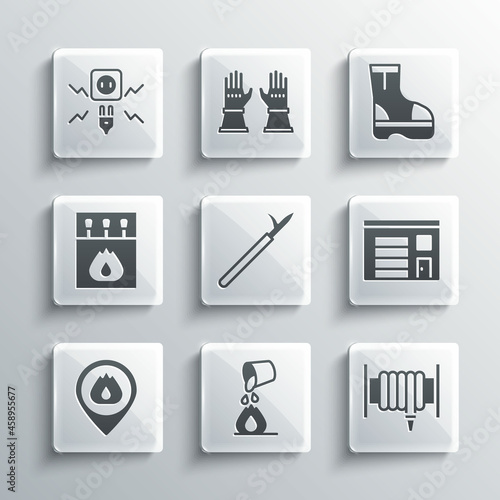 Set Bucket extinguishing fire, Fire hose reel, Building of station, Metal pike pole, Location with flame, Matchbox and matches, Electricity spark and boots icon. Vector