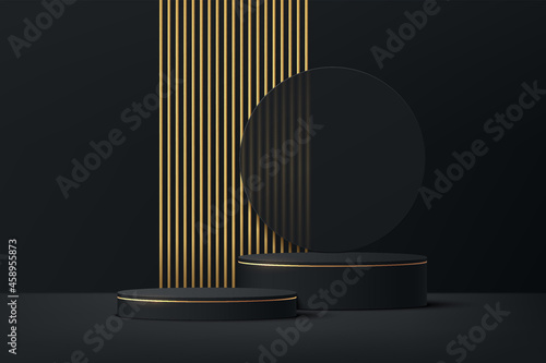 Black and Gold geometric pedestal podium with luxury golden pillar and circle backdrop. Vector abstract studio room with 3D platform. Minimal scene for cosmetic products. Showcase, Promotion display. photo