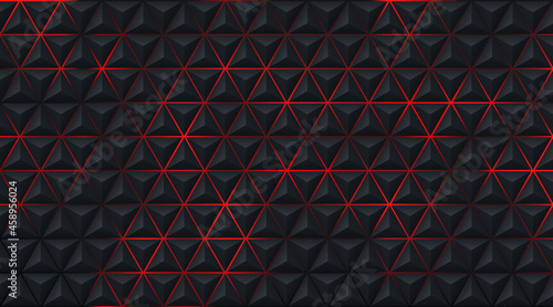 Abstract geometric triangle 3D pattern on red, black blurred background in technology style. Modern futuristic pyramid shape pattern design. Can use for cover template, poster. Vector illustration