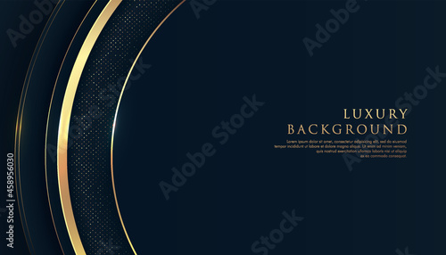 Abstract golden and blue curve geometric shapes on dark background. Modern Luxurious bright golden lines stripes with golden glitter elements. Technology futuristic concept. Vector illustration