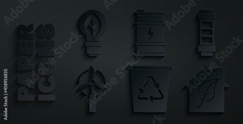 Set Recycle bin with recycle, Battery, Wind turbine, Eco friendly house, Bio fuel barrel and Light bulb leaf icon. Vector