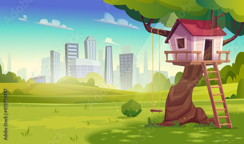 Tree house for playing in kids games with swing, ladder against the background of city.Country woodland cabin for summer