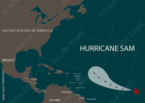 Hurricane Sam moves into the USA. World map. Vector illustration. EPS 10