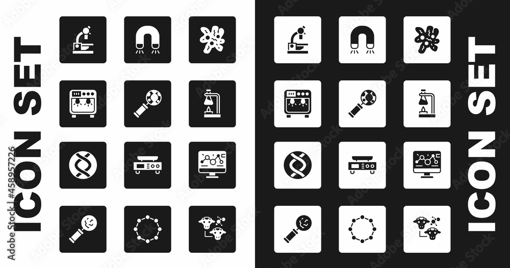 Set Cell, DNA research, search, Biosafety box, Microscope, Test tube flask on fire, Magnet, Genetic engineering modification and symbol icon. Vector Set Cell, DNA research, search, Biosafety box, Microscope, Test tube flask on fire, Magnet, Genetic engineering modification and symbol icon. Vector