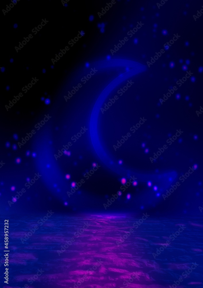 Fototapeta premium Reflection of neon light in the puddles of the night city. Neon moon in the center, magical glow, light, rays, smoke. Empty night street.