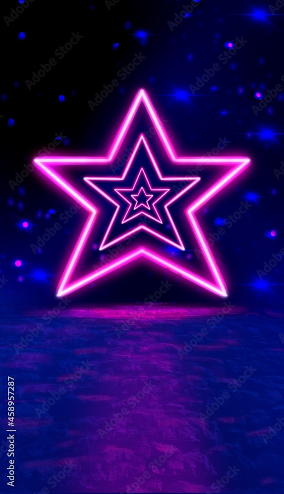 Ultraviolet neon star shape, glowing lines, publication in history. A virtual reality. Arcade game background. Purple neon shapes. A pink-blue spectrum of vivid colors. Ultraviolet neon star shape, glowing lines, publication in history. A virtual reality. Arcade game background. Purple neon shapes. A pink-blue spectrum of vivid colors.
