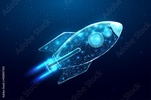Wireframe polygonal rocket. Internet technology network, business startup concept with glowing low poly rocket. Futuristic modern abstract. Isolated on dark blue background. Vector illustration.