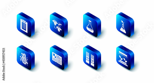 Set Cloning, Test tube and flask, Plant breeding, Automatic irrigation sprinklers, Medical rubber gloves, Clinical record, Bacteria and icon. Vector