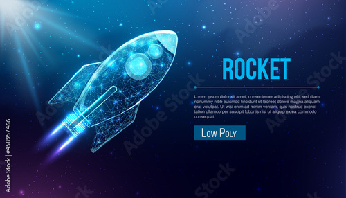 Fototapeta Naklejka Na Ścianę i Meble -  Wireframe polygonal rocket. Internet technology network, business startup concept with glowing low poly rocket. Futuristic modern abstract. Isolated on dark blue background. Vector illustration.