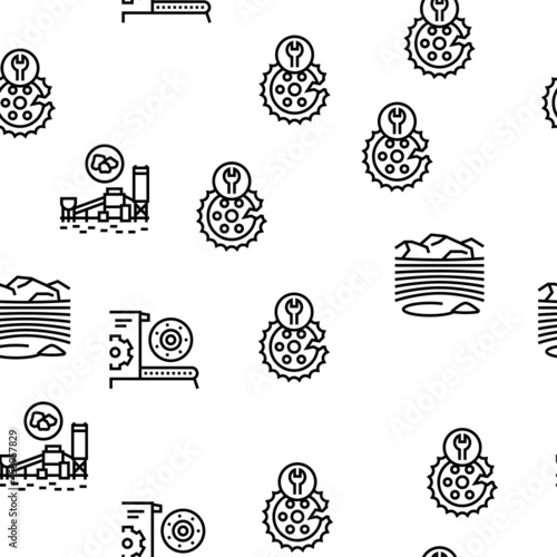 Quarry Mining Industrial Process Vector Seamless Pattern Thin Line Illustration