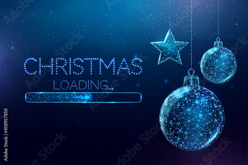 Wireframe Christmas toys and loading bar, low poly style. Merry Christmas and New Year banner. Abstract modern 3d vector illustration on blue background.