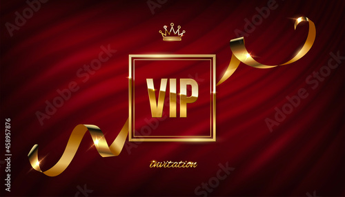 VIP golden square frame invitation with wavy silk ribbon on curtain vector illustration. Realistic 3d exclusive premium gold certificate with vip text, privilege of membership on red background