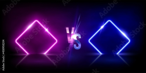 Glowing neon blue versus pink rhombuses on black background. Abstract round electric light frames. Geometric fashion design vector illustration. Minimal borders with vs symbol
