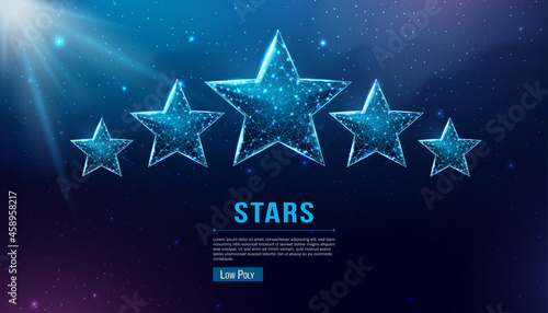 Wireframe five stars, low poly style. Success, winner, rating concept. Abstract modern 3d vector illustration on dark blue background. 