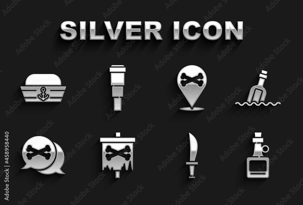 Set Pirate flag, Bottle with message in water, Alcohol drink Rum, sword, Location pirate, Sailor hat and Spyglass telescope lens icon. Vector Set Pirate flag, Bottle with message in water, Alcohol drink Rum, sword, Location pirate, Sailor hat and Spyglass telescope lens icon. Vector