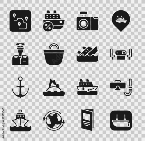 Set Lifeboat, Diving mask and snorkel, Poker table, Photo camera, Beach bag, Captain of ship, Route location and Sinking cruise icon. Vector