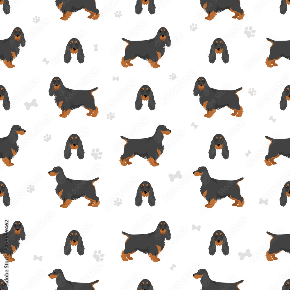 English cocker spaniel seamless pattern. Different poses, coat colors set