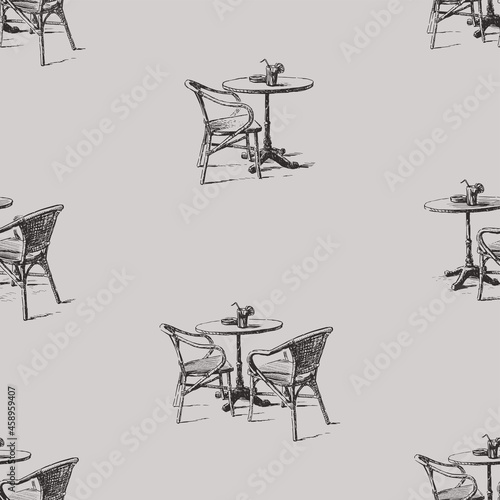 Seamless background of sketches tables and chairs in summer outdoors cafe on city street