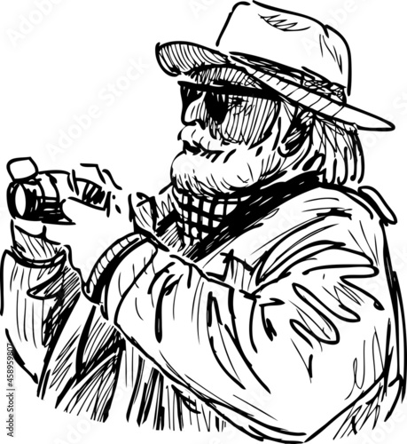 Sketch of old man in hat and sunglasses photographing taking pictur on camera