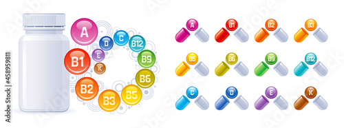 Multi vitamin vector. Multivitamin supplement icon set. Vitamin mineral complex background with a b1 b3 b6 b9 b12 c d e nutrition medicine vector with pill capsule and bottle design. 3d Health concept