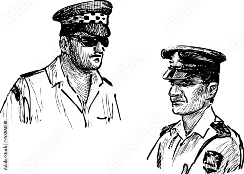 Sketch portraits of men in uniform caps of  policeman and taxi driver