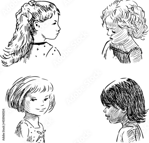 Sketch portraits of various cute little girls