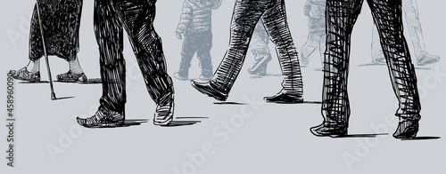 Vector drawing of legs casual city pedestrians walking along street