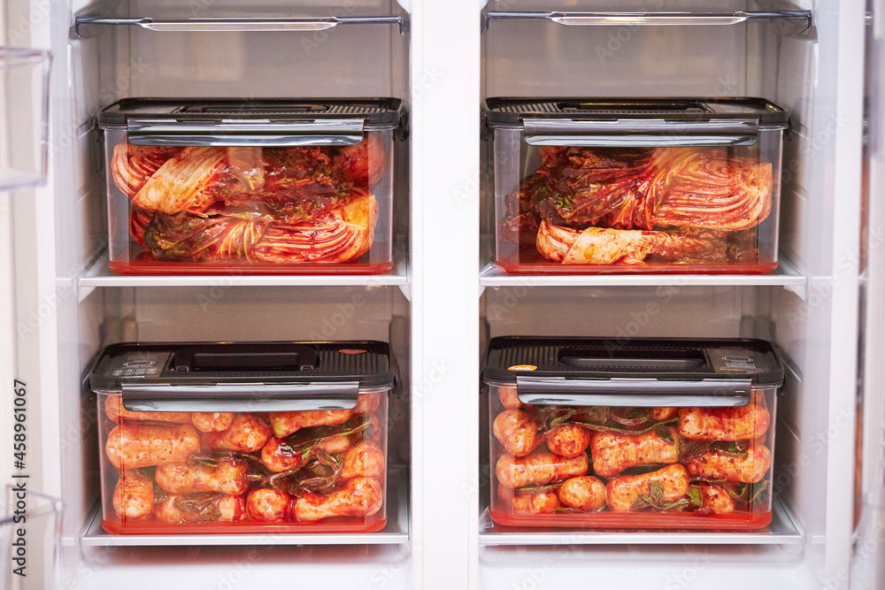 kimchi in the refrigerator ,Korean spicy pickles dish Stock Photo