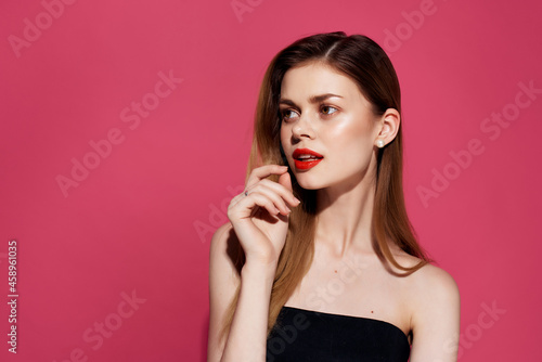 cheerful pretty woman red lips decoration black dresses fashion pink background