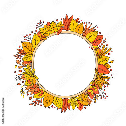 Autumn frame made of yellow and orange leaves, herbs and berries. A wreath of leaves and berries. Round frame from plants. Autumn. Yellow leaves. Vector. Doodle. Hand-drawn illustration.