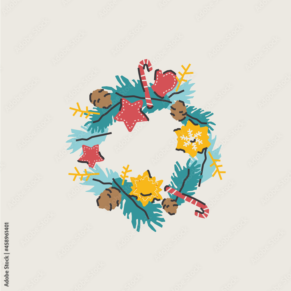 Cute Christmas wreath with toys and gingerbread. New Year card, illustration, print, invitation