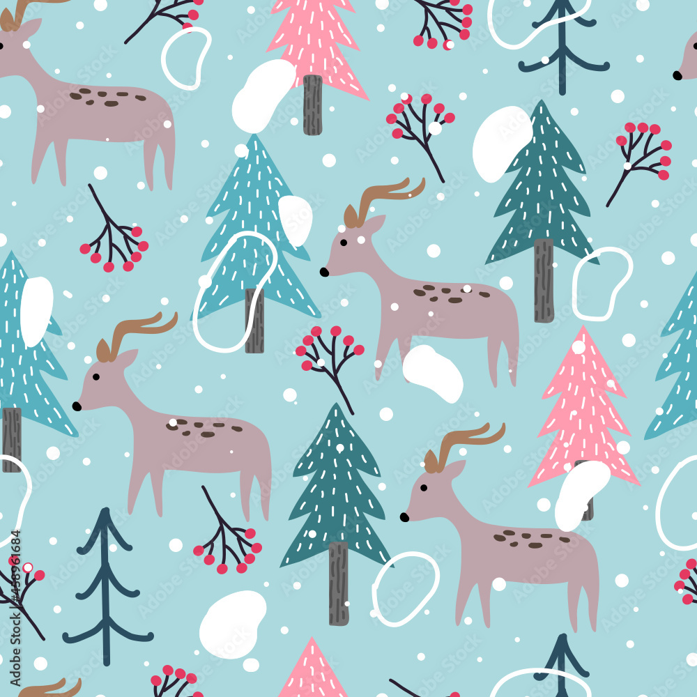 seamless christmas pattern with reindeer Christmas tree or pine, berries, snow and abstract on green background. Merry Christmas and Happy New Year. seamless christmas pattern with reindeer Christmas tree or pine, berries, snow and abstract on green background. Merry Christmas and Happy New Year.
