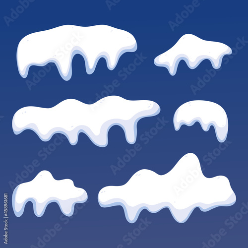 Snow cap collection vector illustration. Set of snowdrifts, icicles, snowflakes. Winter snowy decorative elements