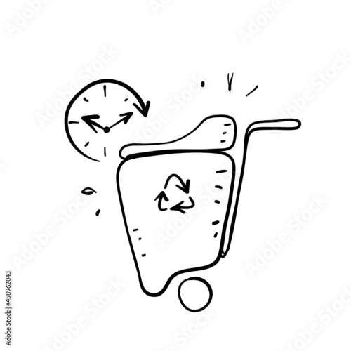 hand drawn doodle trash bin and clock icon illustration vector