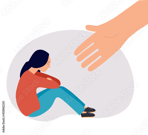 Human hand helps a sad young woman. Mental health help for people under depression, vector illustration